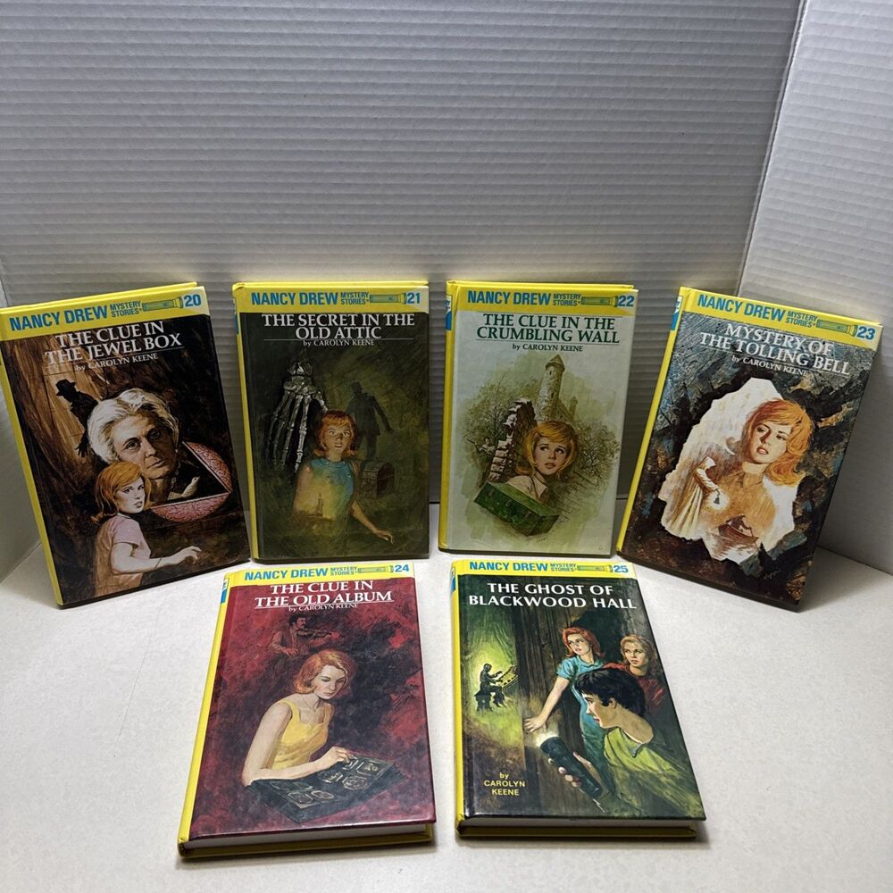 Lot 6 Vintage Nancy Drew Yellow Hardcover Books 20, 21, 22, 23, 24, 25